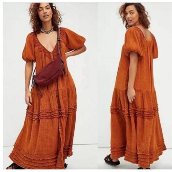 Free People Sunday Stroll Orange Bohemian cotton Maxi Dress 😍 - Picture 2 of 14